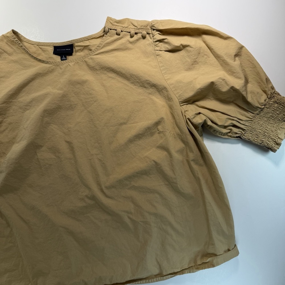 Who What Wear Women's Puff Sleeve Khaki Top Button Detail Short Sleeve Large - Picture 3 of 9
